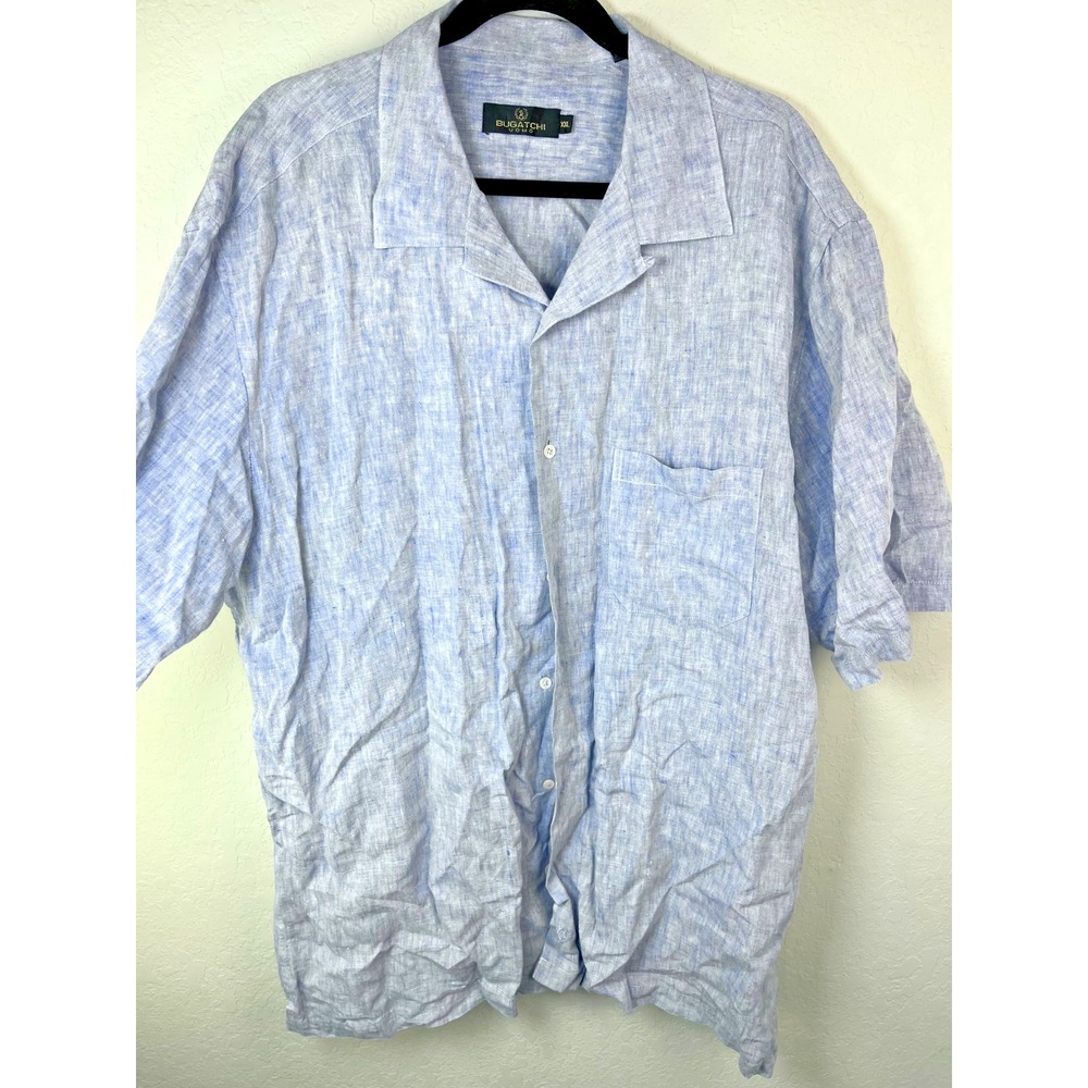 Bugatchi Uomo Men's XXL Short Sleeve‎ Linen Blend Button-Front Blue Chambray
